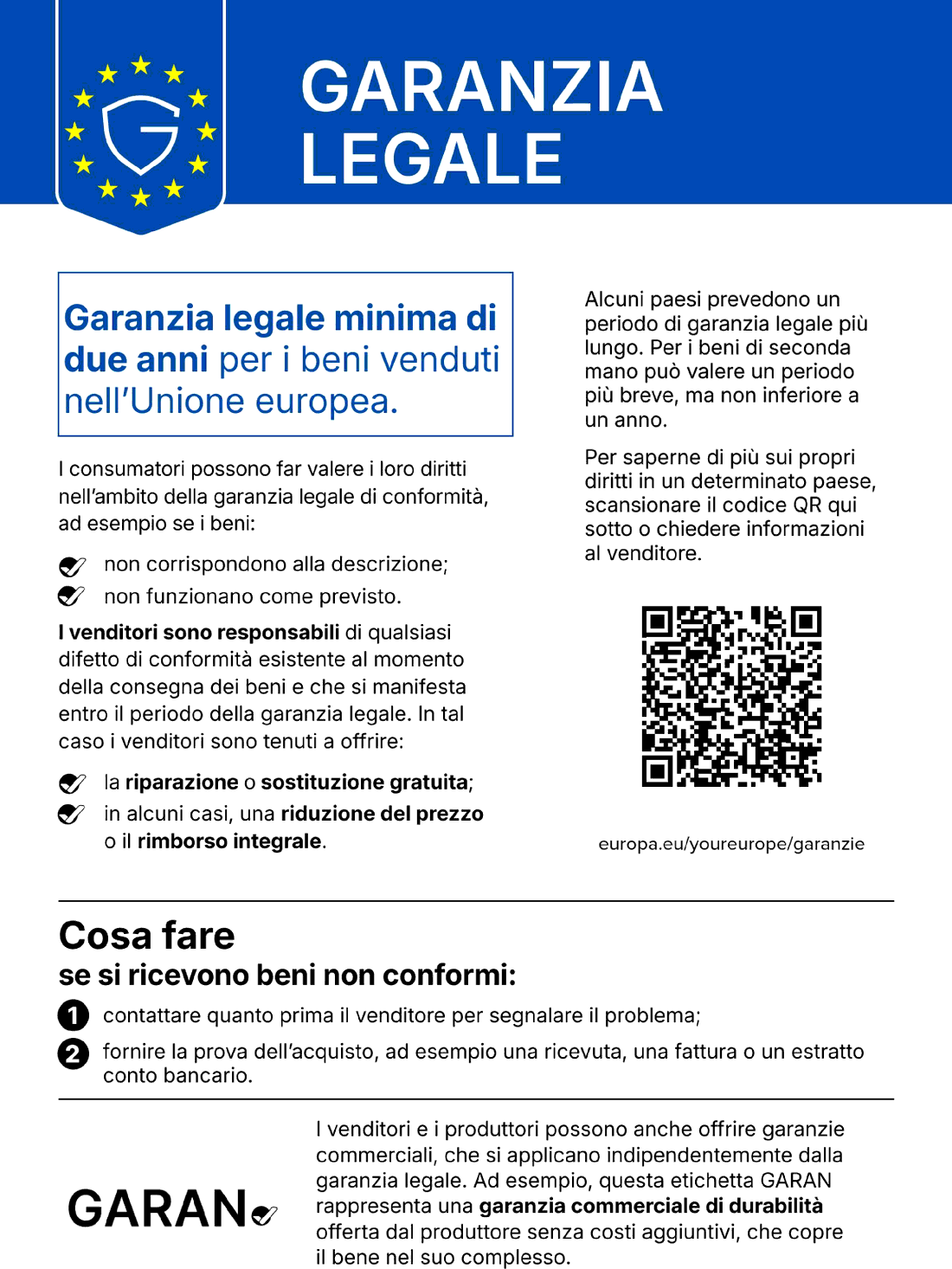 Garanzia legale di conformità — almeno due anni (UE)